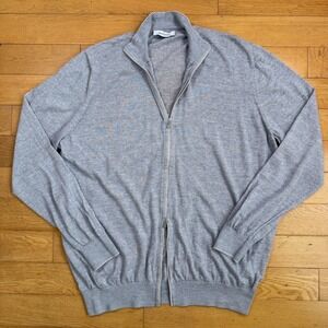 Gran Sasso Merino Wool Large Grey Full Zip Mock Neck Sweater Jacket Lightweight